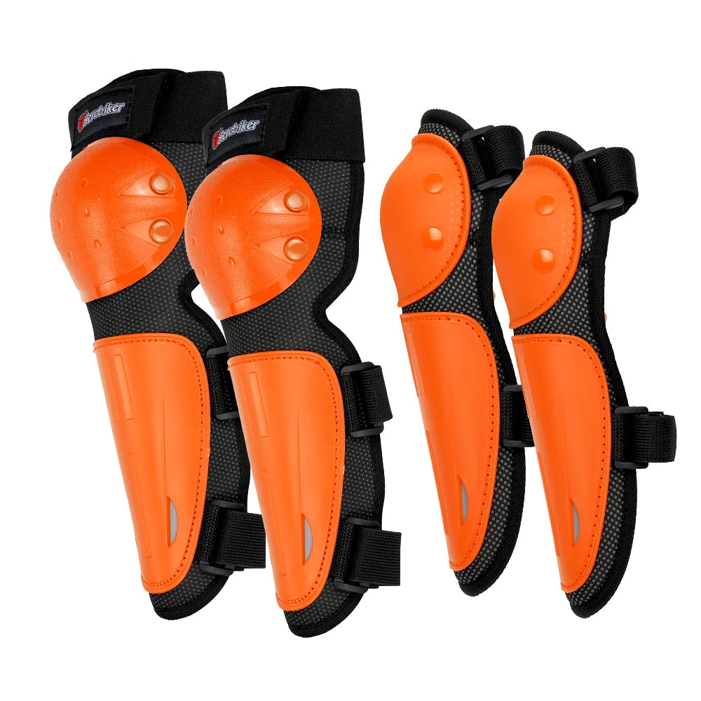 A set of orange and black motocross body armor pads for elbows and knees.