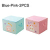 Two pink and blue storage boxes with cute designs for folding clothes and quilts