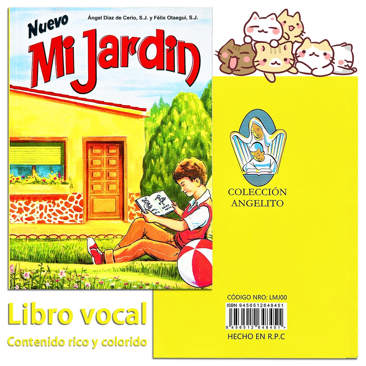 Buchcover von Nuevo Mi Jardín mit einem Jungen, der draußen liest, und einer Sammlung von Engelillustrationen.