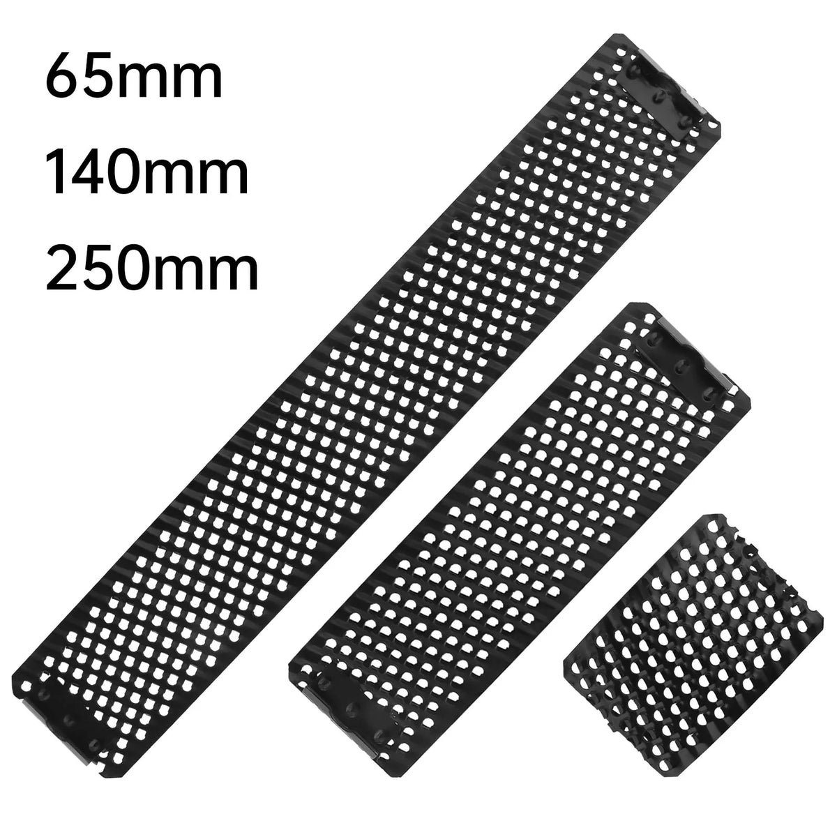 Three flat surform shaver blades in sizes 65mm, 140mm, and 250mm displayed side by side.