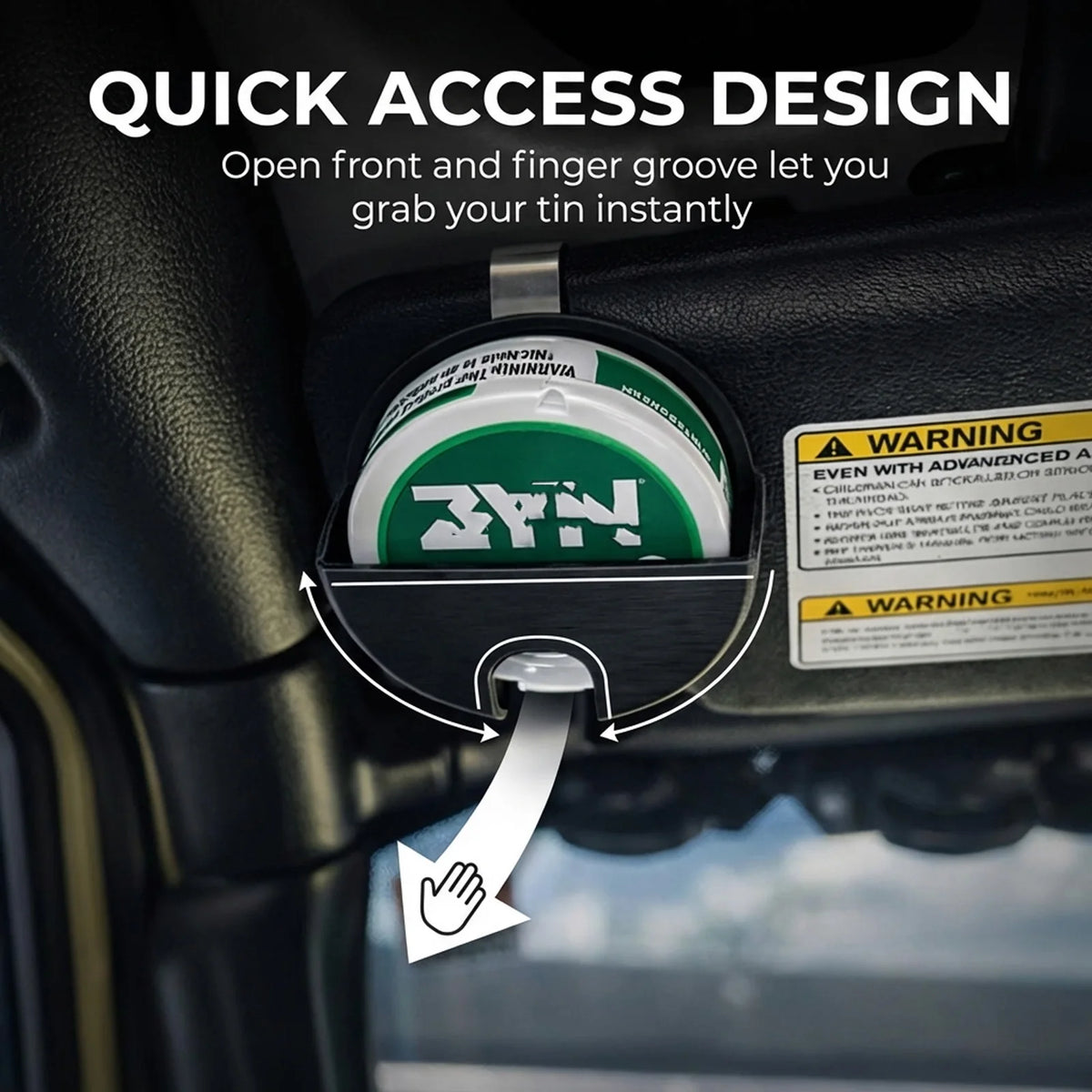 Close-up of a car sun visor can holder with a finger groove design showing how to grab a tin.