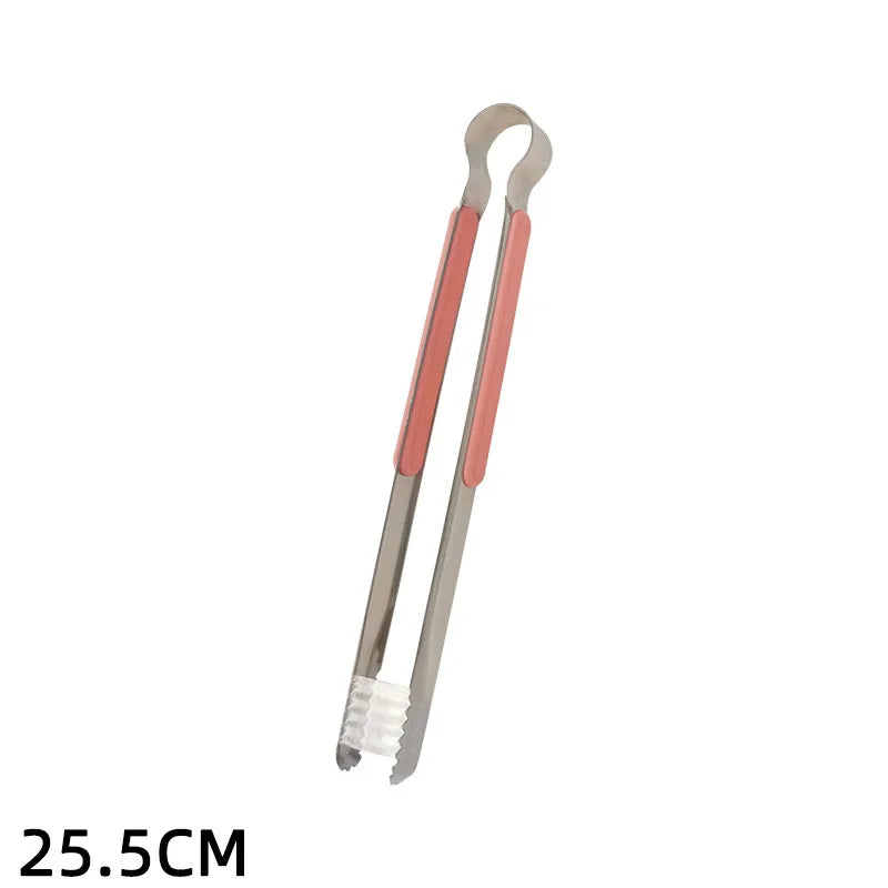 A pair of stainless steel BBQ tongs with pink handles, measuring 25.5cm.