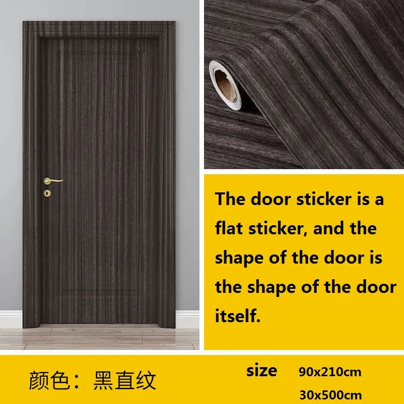 A dark grey wood grain door sticker showing the flat shape of a door, with size specifications.