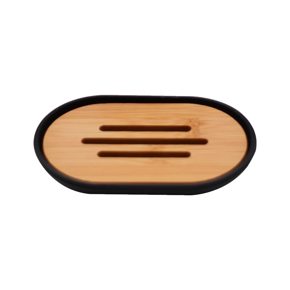 A wooden bathroom organizer set with a soap dispenser featuring three horizontal slots.
