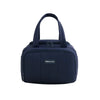Navy insulated quilted lunch tote bag with a handle and logo detail