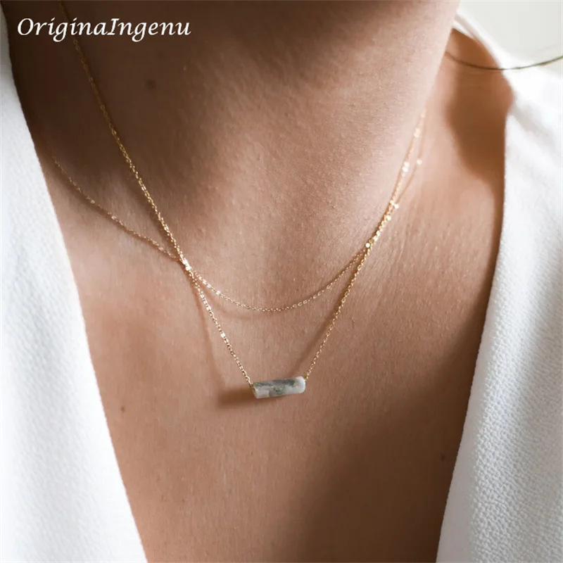 Dainty Beaded Gemstone Pendant Necklace in Gold Filled