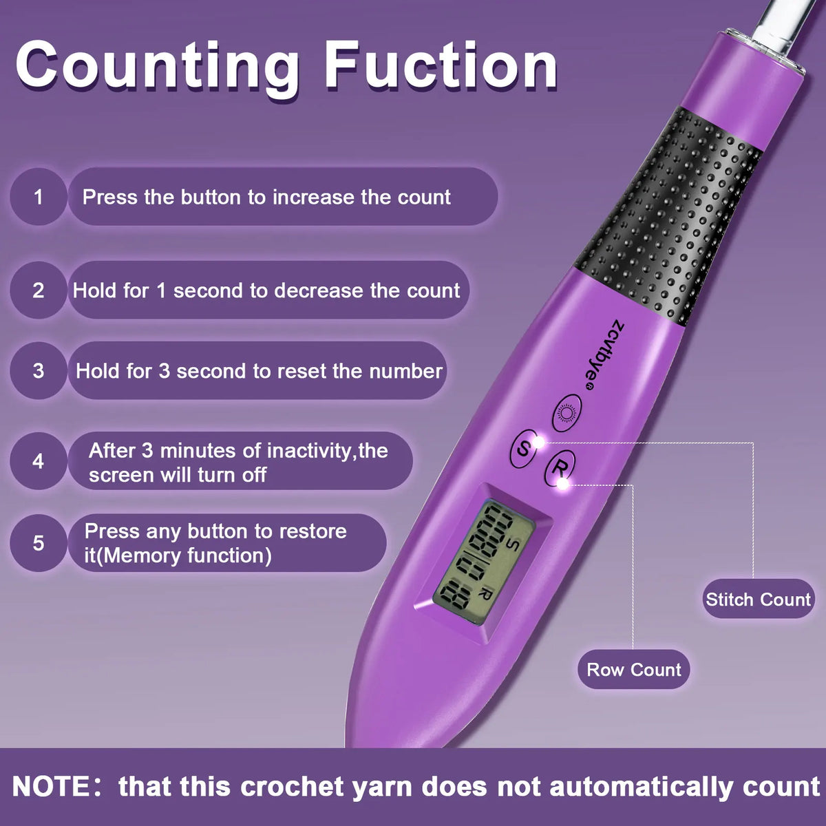 A purple LED crochet hook set with a digital counter display showing Stitch Count and Row Count.