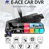 Schwarzes E-ACE Car DVR-Gerät mit 10-Zoll-Touchscreen und verschiedenen Überwachungsfunktionen im Fahrzeugkontext.