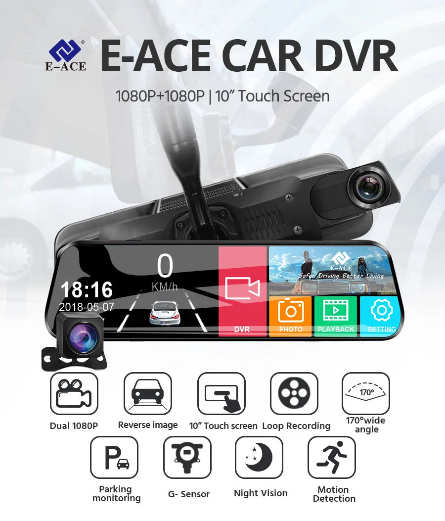 Schwarzes E-ACE Car DVR-Gerät mit 10-Zoll-Touchscreen und verschiedenen Überwachungsfunktionen im Fahrzeugkontext.