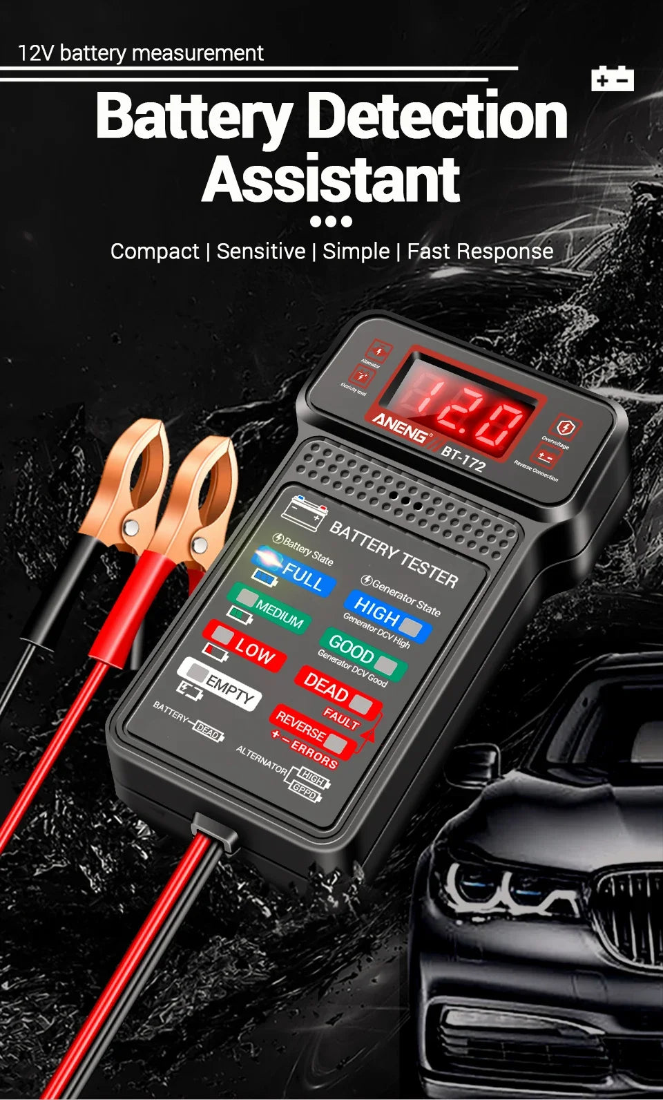 A black 12V battery detection assistant tester with an LED display and red reverse connection wires is shown against a dark b