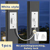 White style traceless adhesive safety lock installed on a dark door frame.