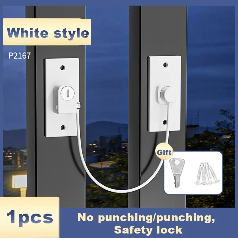 White style traceless adhesive safety lock installed on a dark door frame.