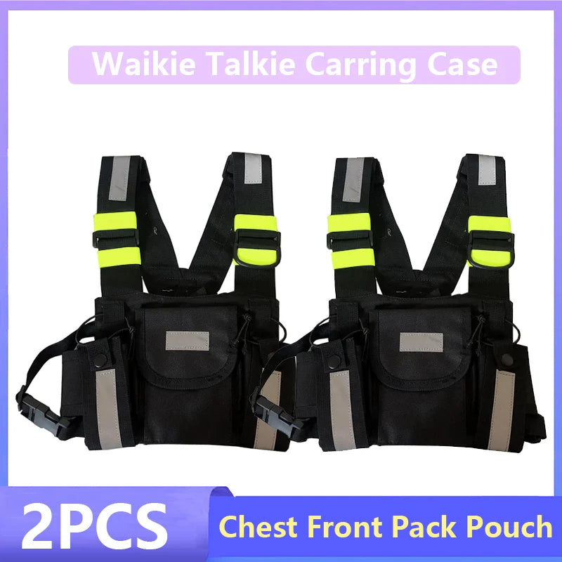 Two black chest front pack pouches used as carrying cases for walkie-talkies and radios