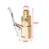 Brass tire inflator chuck with clip-on valve connector showing dimensions and mechanism.