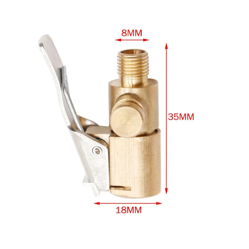 Brass tire inflator chuck with clip-on valve connector showing dimensions and mechanism.