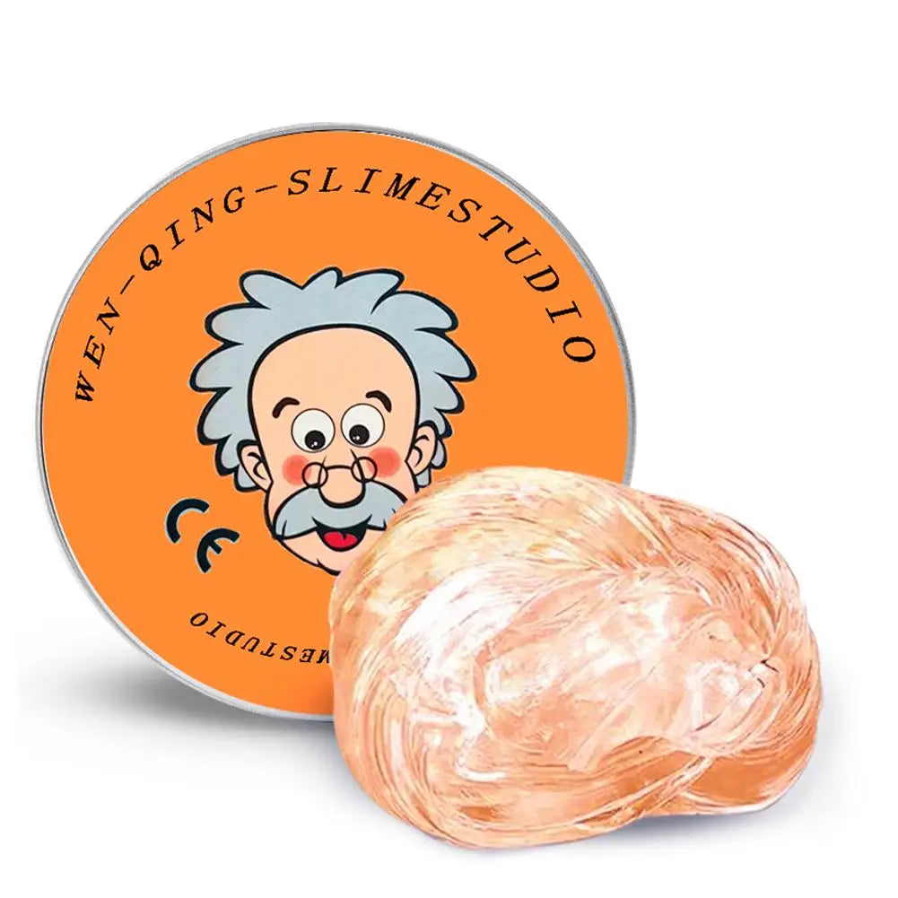 Storage tin for crystal clear stress putty labeled Wen-Qing-Slimestudio