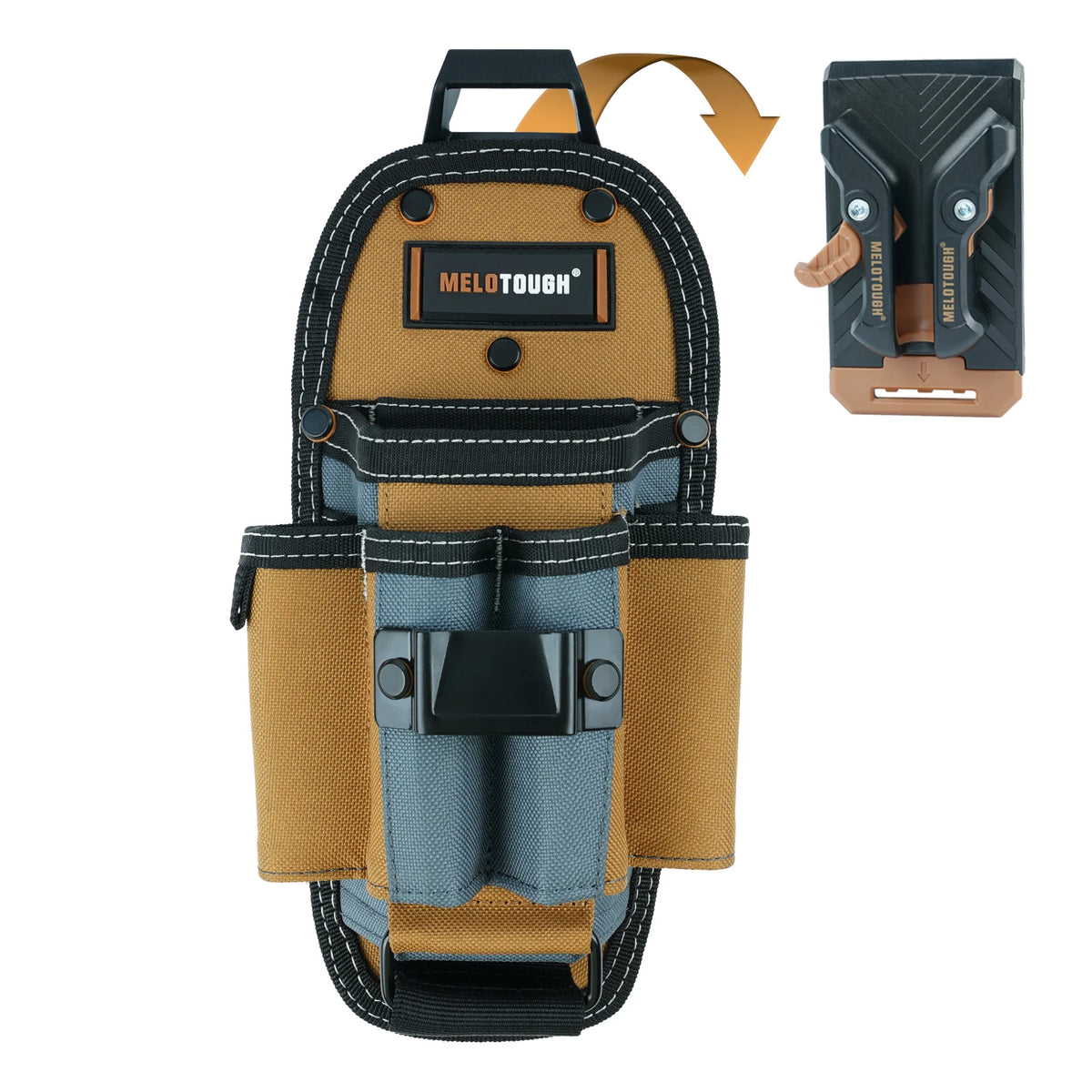 A tan and gray technician tool pouch with a black belt clip and an orange strap.