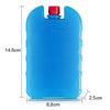 A blue reusable leak-proof ice pack with a red cap, shown with dimensions.