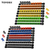 A collection of universal socket organizer rails in various colors and sizes, including black, yellow, green, red, and blue.