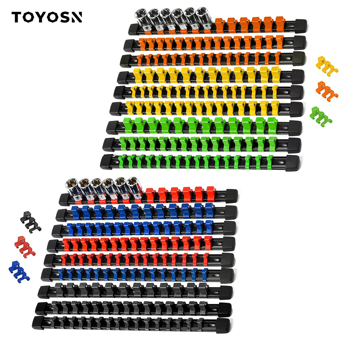 A collection of universal socket organizer rails in various colors and sizes, including black, yellow, green, red, and blue.