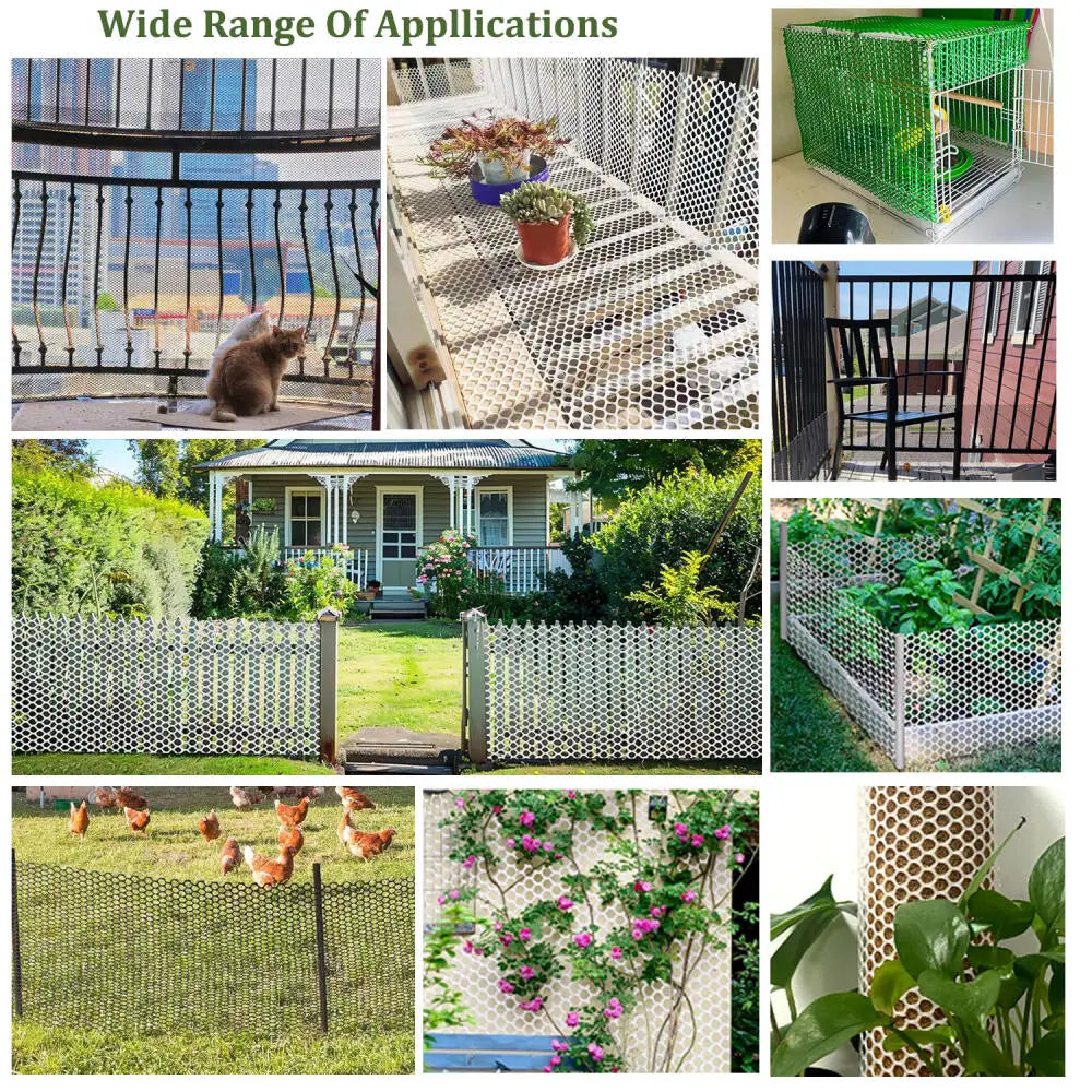 Various applications of flexible plastic wire mesh including garden fencing, pet enclosures, and DIY projects.
