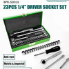 A green case containing an 8PK-SD016 23PCS 1/4" driver socket set with various tools like wrenches and sockets.