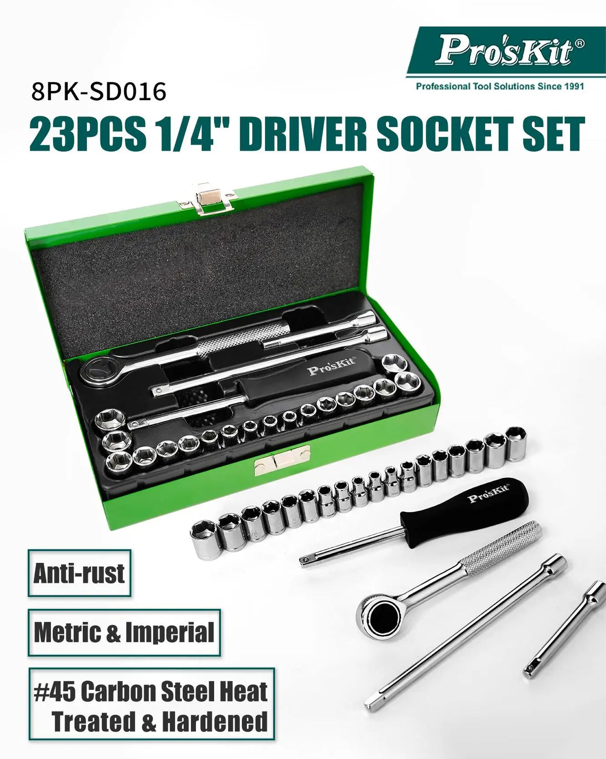 A green case containing an 8PK-SD016 23PCS 1/4" driver socket set with various tools like wrenches and sockets.