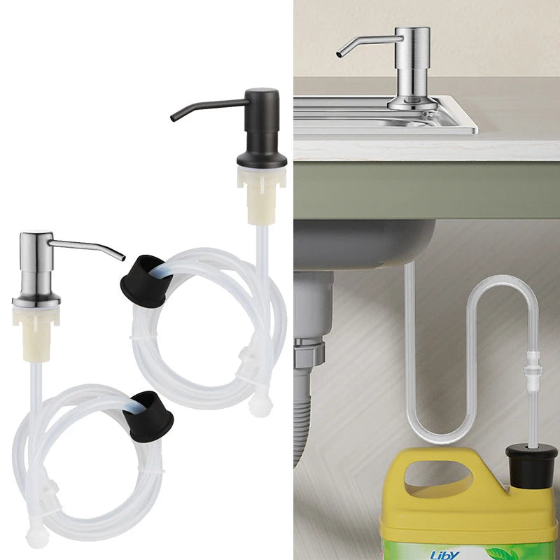 Stainless steel under-sink soap dispenser with a clear plastic extension tube and faucet