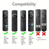 Comparison chart showing compatibility of a glow-in-the-dark silicone remote cover across different generations of Alexa Voic