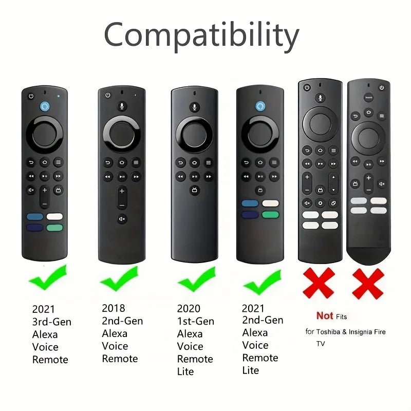 Comparison chart showing compatibility of a glow-in-the-dark silicone remote cover across different generations of Alexa Voic