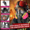 A person wearing a red and black full-face respirator mask with a pink filter, showing various features like an ergonomic des