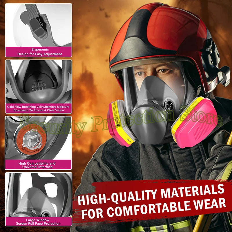 A person wearing a red and black full-face respirator mask with a pink filter, showing various features like an ergonomic des