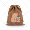 A brown drawstring storage bag featuring a cute capybara illustration holding a pink lollipop.