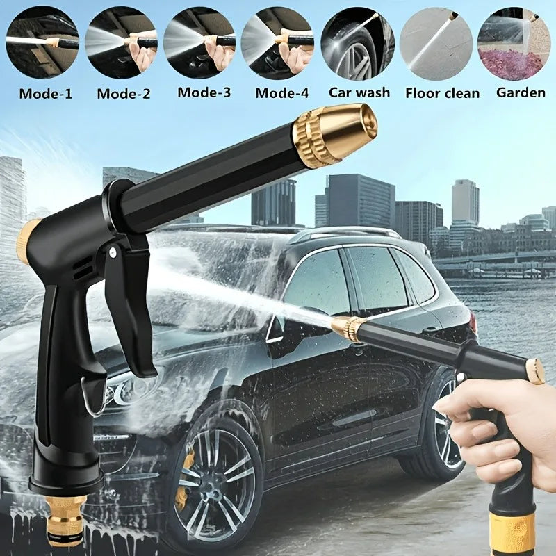 Pistolet à haute pression noir ergonomique projetant de l'eau sur une voiture, démontrant divers modes de nettoyage.