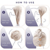 Instructions for using an ultra-soft microfiber hair drying towel with a secure button closure.