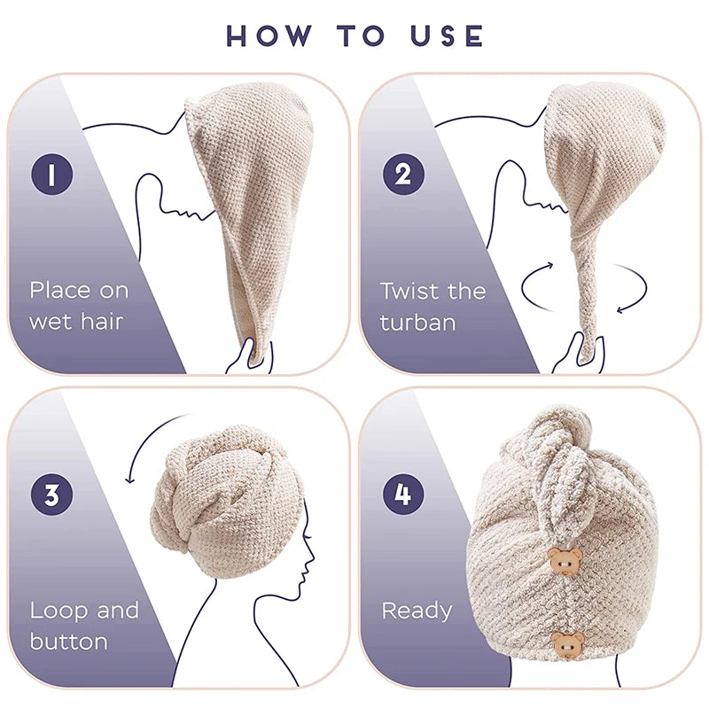 Instructions for using an ultra-soft microfiber hair drying towel with a secure button closure.