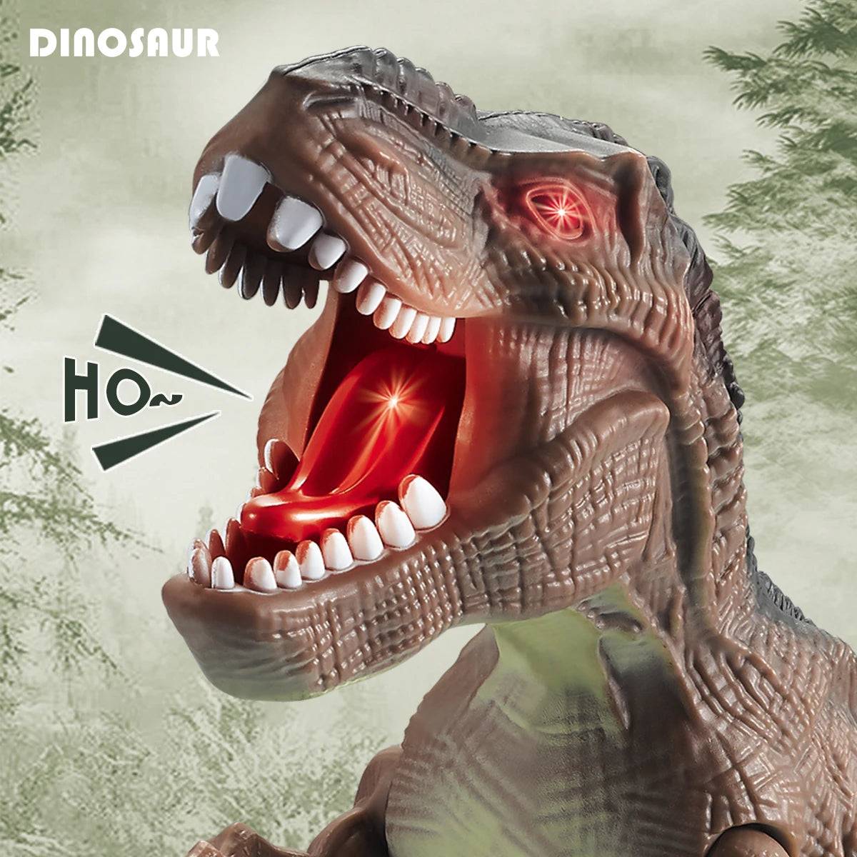 A realistic dinosaur toy T-Rex with an open mouth showing teeth and red glowing eyes.