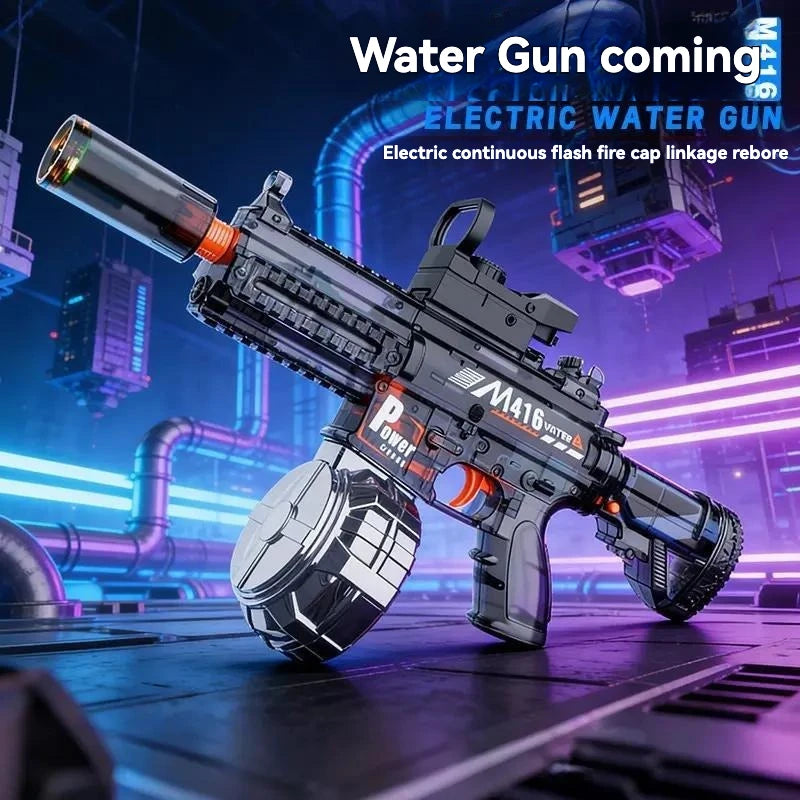 A black M416 electric water gun with a flash fire cap linkage rebore is displayed in a futuristic setting.