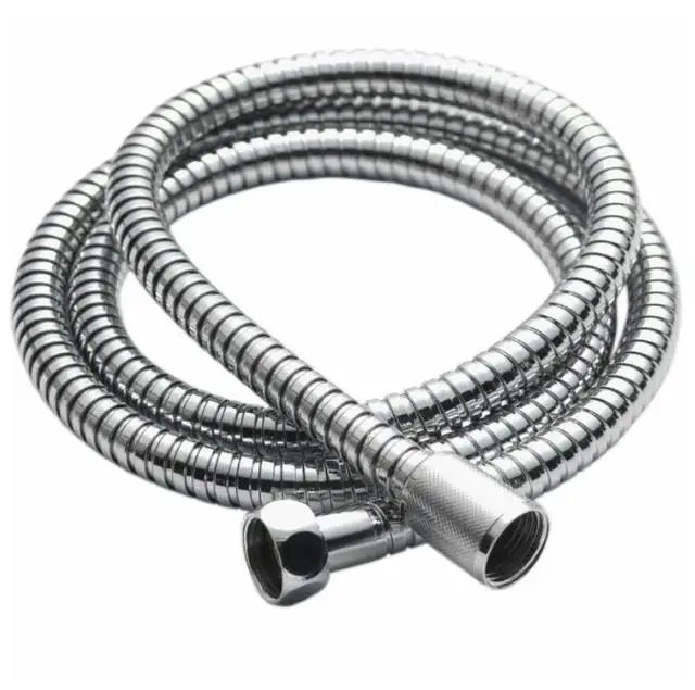 Silver high-pressure shower head with a coiled hose and a metal connector.