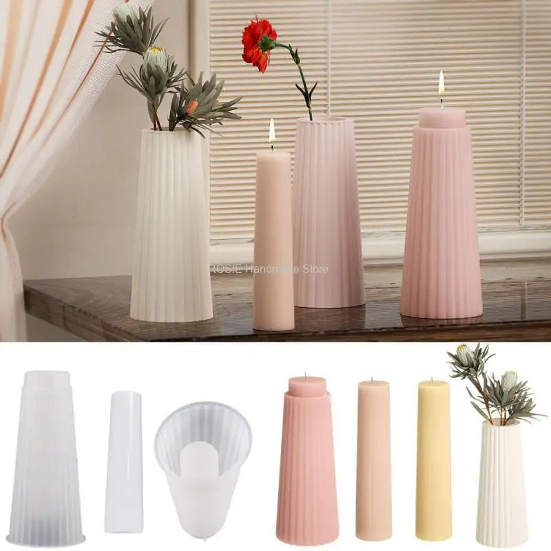 A collection of pink and beige silicone molds for candle and vase projects shown in various shapes.