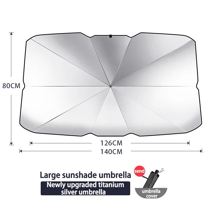 Large silver titanium sunshade umbrella with a cover shown flat and open.