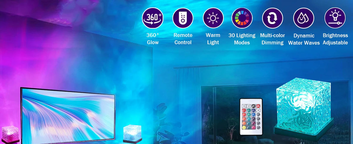 A display of features for a 16-Color Ocean Wave Aurora Projector Night Light including 360 glow, remote control, warm light, 