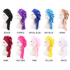 A collection of silky satin sleep caps in various colors including black purple royal blue sky blue khaki wine hot pink pink 