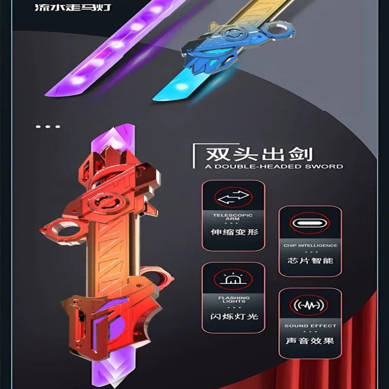 A double-headed lightsaber featuring telescopic blades, glowing LED lights, and a chip intelligence system.