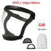 Black clear protective face mask with anti-fog shield and silicone seal along with ten replacement filters