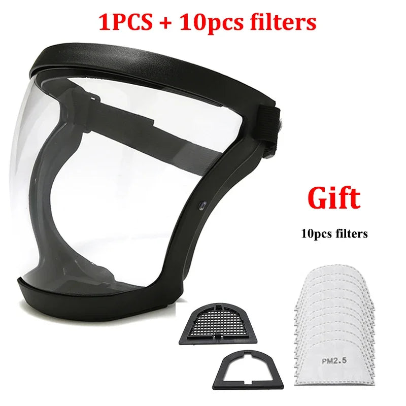 Black clear protective face mask with anti-fog shield and silicone seal along with ten replacement filters