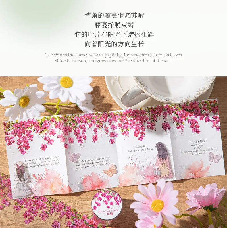 Pink floral pattern decorative PET tape for journaling and crafts with pink flowers and leaves