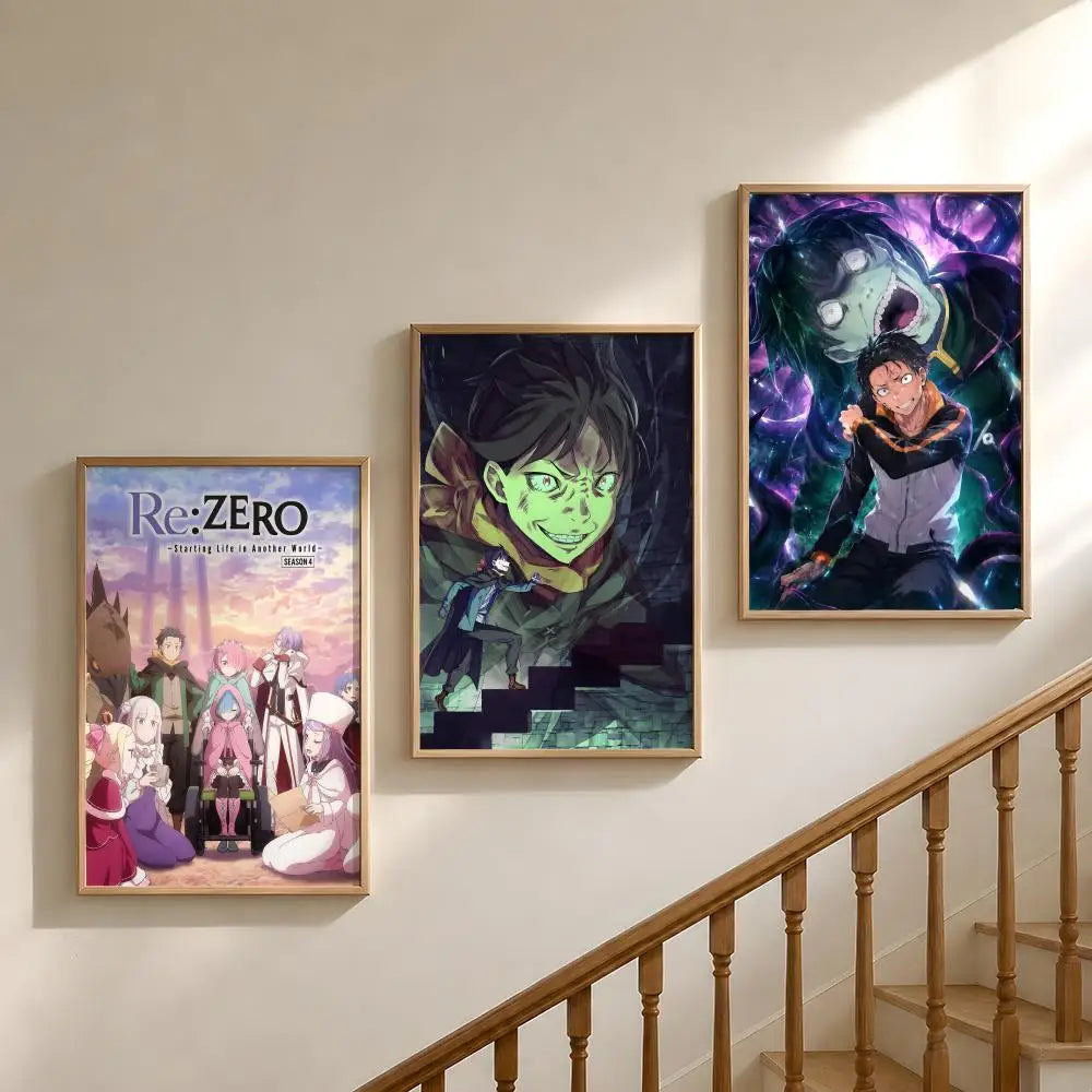 A gallery wall featuring three framed posters of the anime Re:Zero characters on a white wall.