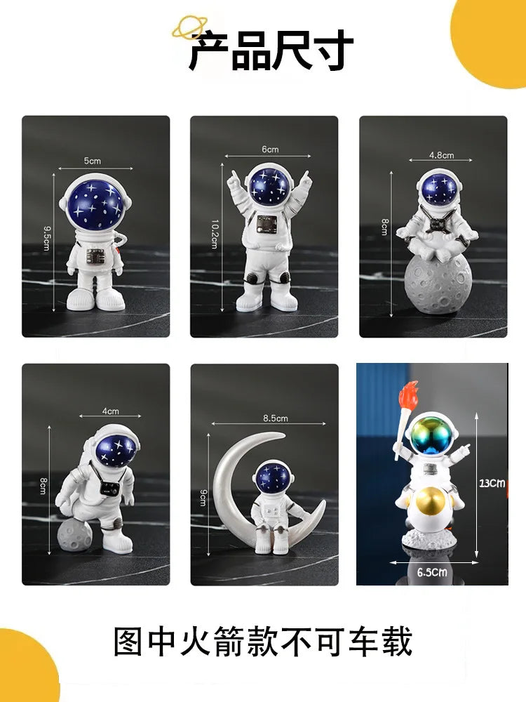 A collection of handcrafted astronaut figurines made of resin, displayed against a dark background.