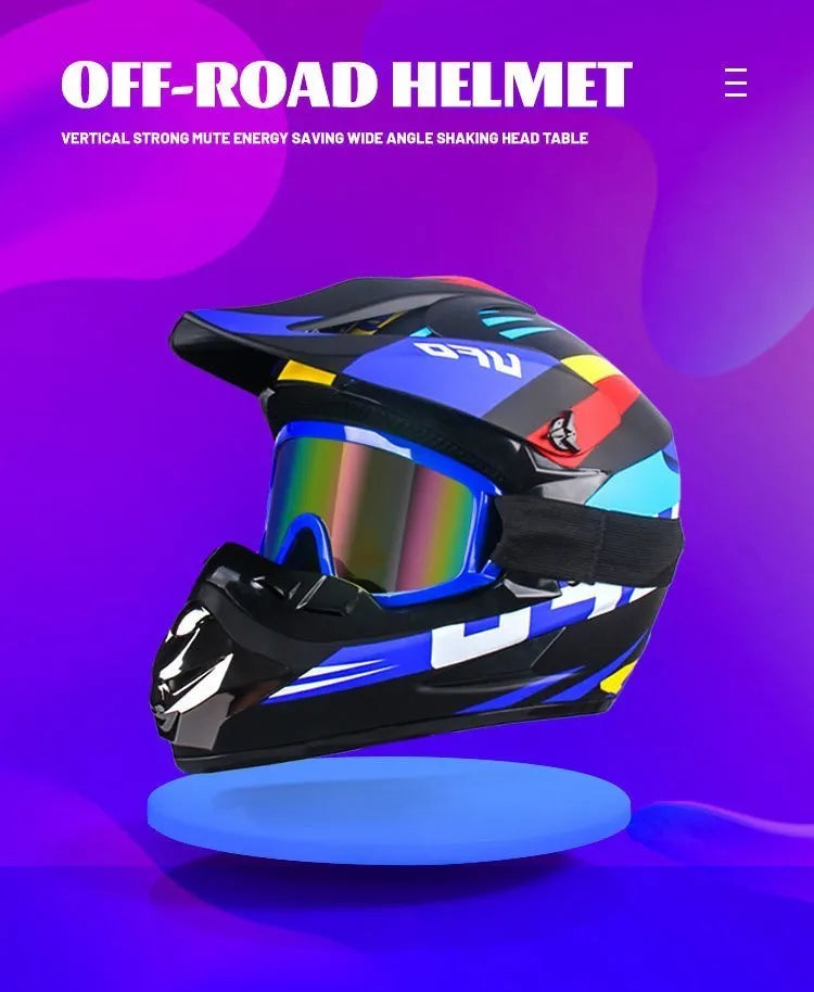 A black and blue off-road helmet with a reflective visor displayed on a round blue stand.